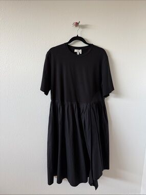COS Black Short-Sleeve Midi Dress with Gathered Skirt